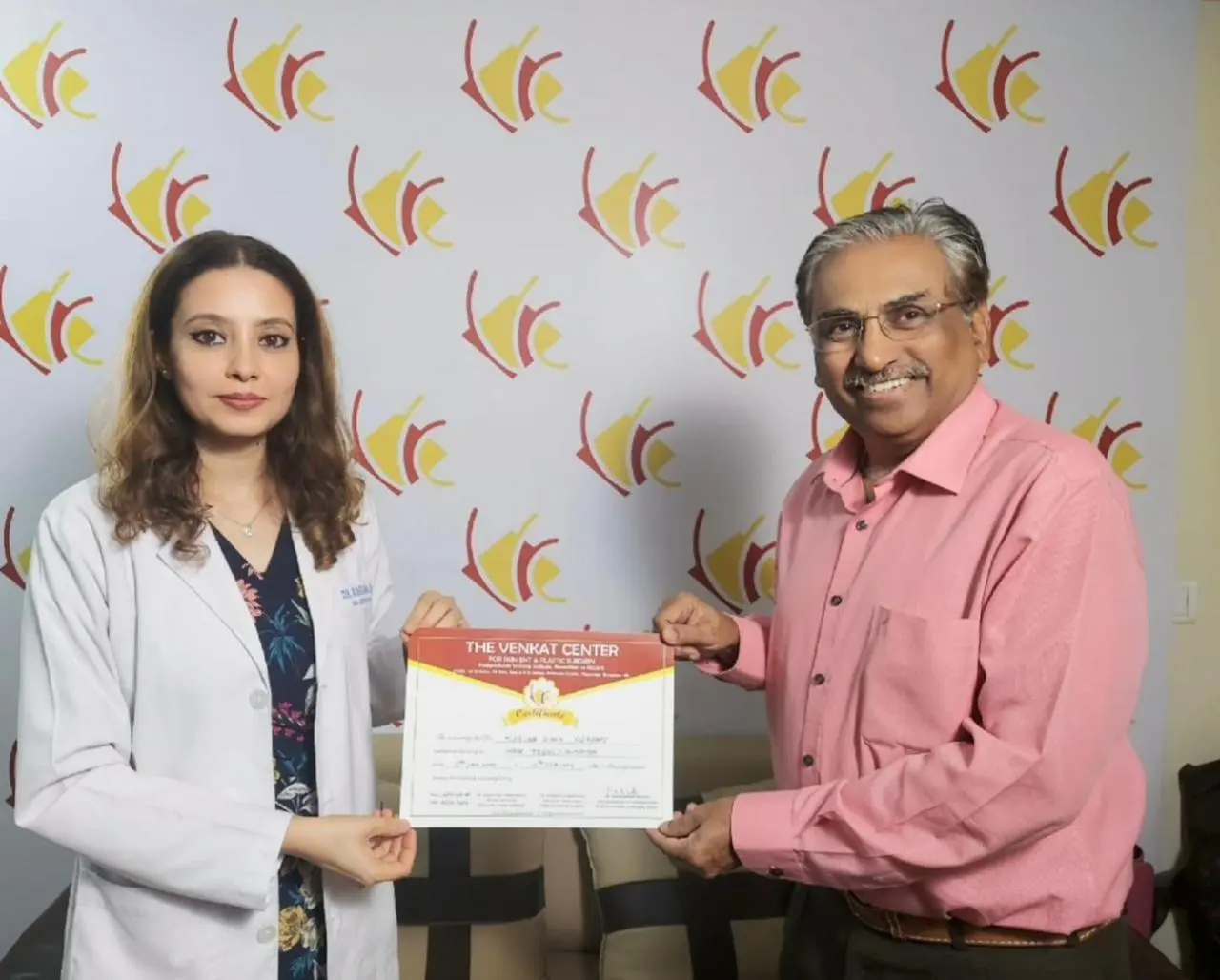 Dr. Karuna Singh Receives Certificate from The Venkat Center for Skin and Plastic Surgery